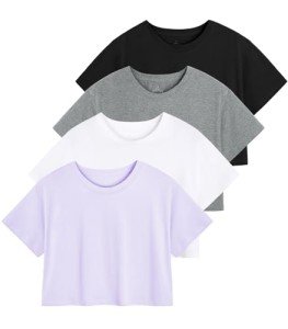 Cosy Pyro 4-Pack Women's Cotton Crop T-Shirts Short Sleeve Solid Cropped Athletic Top Round Neck Casual Workout Yoga Tees Black/Gray/White/Purple S