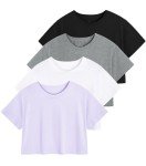 Cosy Pyro 4-Pack Women's Cotton Crop T-Shirts Short Sleeve Solid Cropped Athletic Top Round Neck Casual Workout Yoga Tees Black/Gray/White/Purple S