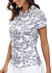 MoFiz 1/4 Polo Shirt for Women Short Sleeve Golf T-shirt Soft Breathable Yoga Running Hiking Top Camo Grey,M