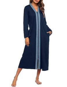 Ekouaer Women's Navy Zipper Robe with Pockets