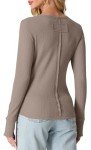 OLRIK Womens Waffle Knit Tops Slim Fitted Thumb Hole Long Sleeve Shirts Thermal Crew Neck Fall 2024 Khaki-S