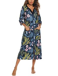 Navy Floral Calf Length Zipper Duster Robe