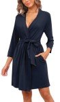 Soft Knit Kimono Robe with Pockets - Navy Blue