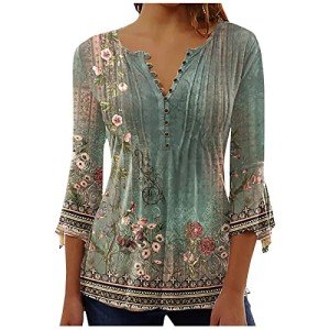 Generic Best Cyber of Monday Deals 3/4 Sleeve Shirts for Women Loose Fit Pleated Tops Floral Printed Graphic Tees V Neck Trendy Tops Cute Casual Work Blouses Army Green