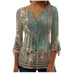 Generic Best Cyber of Monday Deals 3/4 Sleeve Shirts for Women Loose Fit Pleated Tops Floral Printed Graphic Tees V Neck Trendy Tops Cute Casual Work Blouses Army Green