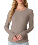 OLRIK Womens Waffle Knit Tops Slim Fitted Thumb Hole Long Sleeve Shirts Thermal Crew Neck Fall 2024 Khaki-S