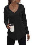 WNEEDU Women Hoodies Ladies Pullover Tops with Hood Drawstring V Neck Sweatshirts Long Sleeve Tunic LS-Black L