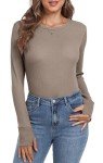 OLRIK Womens Waffle Knit Tops Slim Fitted Thumb Hole Long Sleeve Shirts Thermal Crew Neck Fall 2024 Khaki-S