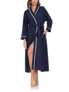 Navy Blue 100% Cotton Women's Long Kimono Robe