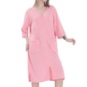 Pink Women's Short Sleeve Zipper Front Robe
