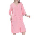 Pink Women's Short Sleeve Zipper Front Robe