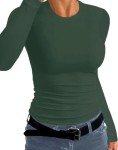 ZAWAPEMIA Womens Crew Neck Long Sleeve Stretchy Slim Fitted T Shirt Casual Trendy Clothing Basic Ribbed Tops S Dark Green