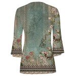 Generic Best Cyber of Monday Deals 3/4 Sleeve Shirts for Women Loose Fit Pleated Tops Floral Printed Graphic Tees V Neck Trendy Tops Cute Casual Work Blouses Army Green