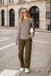 OLRIK Womens Waffle Knit Tops Slim Fitted Thumb Hole Long Sleeve Shirts Thermal Crew Neck Fall 2024 Khaki-S