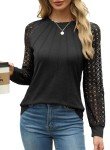 XIEERDUO Womens Long Sleeve Shirt Women Lace Long Sleeve Tops Crew Neck Pleated Blouse for Womens Sweaters Fall Clothing Trendy 2024 Black Size 6-8