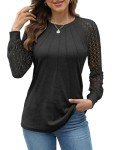 XIEERDUO Womens Long Sleeve Shirt Women Lace Long Sleeve Tops Crew Neck Pleated Blouse for Womens Sweaters Fall Clothing Trendy 2024 Black Size 6-8