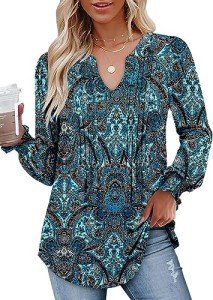 onlypuff Women's Puff Long Sleeve Tops V Neck Pleated Shirts Fashion Blouses Dressy Casual