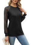 XIEERDUO Womens Long Sleeve Shirt Women Lace Long Sleeve Tops Crew Neck Pleated Blouse for Womens Sweaters Fall Clothing Trendy 2024 Black Size 6-8