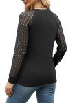 XIEERDUO Womens Long Sleeve Shirt Women Lace Long Sleeve Tops Crew Neck Pleated Blouse for Womens Sweaters Fall Clothing Trendy 2024 Black Size 6-8
