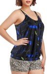 Ocean Blues Plus Size Feather Print Tankini Top