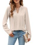 Blooming Jelly Women's Dressy Casual Blouses Business Work Chiffon Tops Long Sleeve V Neck Flowy Pleated Shirts 2024 Fall Outfits (Large,Apricot)