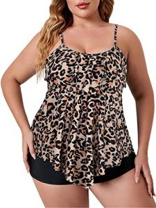 Plus Size Tummy Control Tankini Swimsuit - Leopard