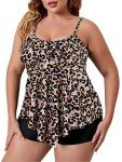 Plus Size Tummy Control Tankini Swimsuit - Leopard