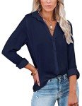 Diosun Womens Button Down V Neck Shirts Long Sleeve Office Casual Business Plain Blouses Tops Large Dark Blue