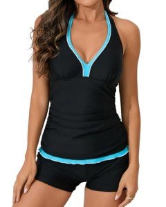 Flomeria Women's Halter Tankini with Boy Shorts