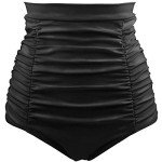 High Waisted Retro Ruched Bikini Bottoms - Black