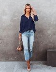 Diosun Womens Button Down V Neck Shirts Long Sleeve Office Casual Business Plain Blouses Tops Large Dark Blue