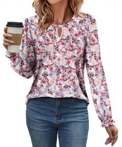 KISSMODA Woman Tops Dressy Keyhole Long Puff Sleeve Shirts Business Chiffon Blouses Fall Clothes 2024