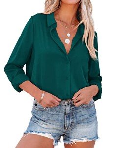 AISEW Womens Satin Button Down Shirts V Neck Long Sleeve Office Blouses Business Casual Tops (1195DGreen, Small)