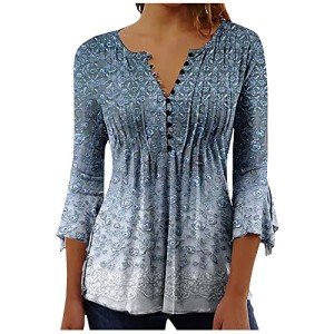 Deals of The Day Lightning Deals 3/4 Sleeve Shirts for Women Loose Fit Pleated Tops Floral Printed Graphic Tees V Neck Trendy Tops Cute Casual Work Blouses