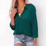AISEW Womens Satin Button Down Shirts V Neck Long Sleeve Office Blouses Business Casual Tops (1195DGreen, Small)