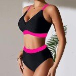 High Waisted Color Block Bikini Set for Women