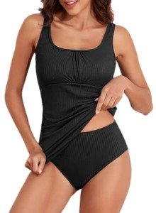 Vintage Ribbed Square Neck Tankini Swimsuit Set