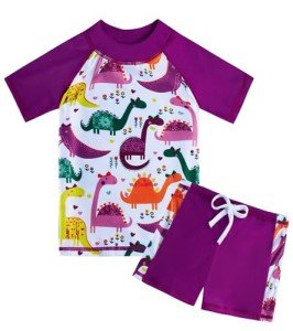 Girls' Dinosaur Tankini Swimsuit with Short Sleeves