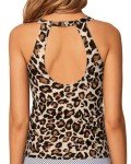 Brown Leopard High Neck Backless Tankini Top