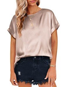 Beyove Women's Short Sleeve Blouses Satin Silk Shirts Pullover T Shirts Casual Loose Tunic Tops Camel