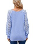 WNEEDU Long Sleeve Tops for Women V Neck Tunic Shirts Casual Loose Striped Sheer Mesh Raglan Blouses Sky Blue XL