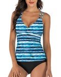 VECENEY Women's Blue Striped Criss Cross Tankini