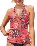 Coral Floral V Neck Halter Tankini Top