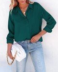 AISEW Womens Satin Button Down Shirts V Neck Long Sleeve Office Blouses Business Casual Tops (1195DGreen, Small)