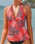 Coral Floral V Neck Halter Tankini Top