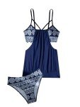 Geometric Cut-Out Tankini Bikini Set for Women
