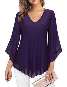 Viracy Dressy Blouses for Women V Neck 3/4 Flared Sleeve Double Layers Elastic Mesh Chiffon Tops for Wedding Guest, Buniess Casual Wear Modlily-Purple, XL