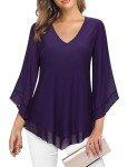 Viracy Dressy Blouses for Women V Neck 3/4 Flared Sleeve Double Layers Elastic Mesh Chiffon Tops for Wedding Guest, Buniess Casual Wear Modlily-Purple, XL