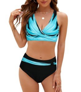 Blue Striped High-Waisted Two-Piece Swimsuit Set