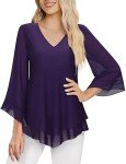 Viracy Dressy Blouses for Women V Neck 3/4 Flared Sleeve Double Layers Elastic Mesh Chiffon Tops for Wedding Guest, Buniess Casual Wear Modlily-Purple, XL